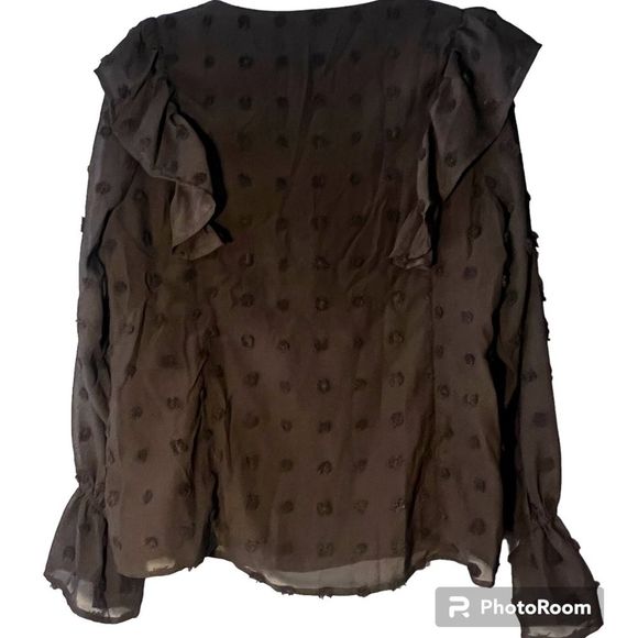 ANDREE by UNIT Long Sleeve V-Neck Ruffle Swiss Dot Black Blouse - size Medium - Picture 2 of 5